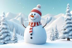 Christmas snowman in a snowy landscape. Generative AI photo