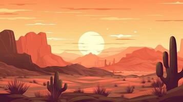 Wild Western Texas desert sunset with mountains and cactus. Generative AI photo