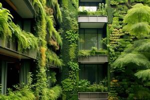 Green facade, vertical garden in architecture. Ecological building. Generative AI photo