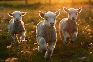 Happy lambs running in the meadow. Generative AI photo