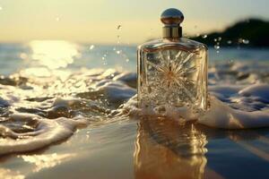 un botella de perfume en un playa antecedentes. generativo ai foto