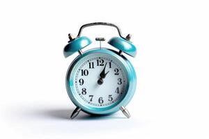 Blue alarm clock on white background. photo