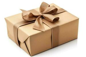 Gift box wrapped in kraft paper with bow isolated on white. Generative AI photo