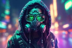 Moda cyberpunk niña con gas mascarilla. generativo ai foto