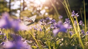 Butterfly on violet lavender flowers. Generative AI photo