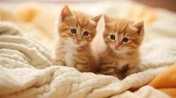 Cute kittens on a blanket on bed. Generative AI photo