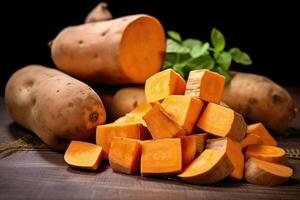 Raw sweet potatoes whole and cut. photo