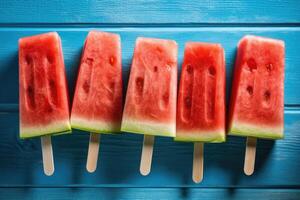 Summer watermelon slice popsicles on a blue rustic wood background. Generative AI photo