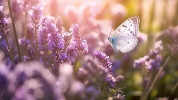 mariposa en Violeta lavanda flores generativo ai foto