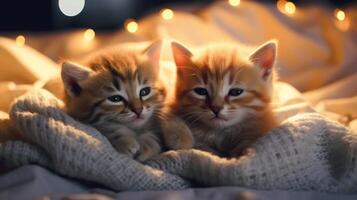 Cute kittens on a blanket on bed. Generative AI photo