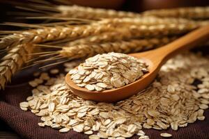 Oatmeal in wooden spoon with ripe oat ears and grains as background. Generative AI photo