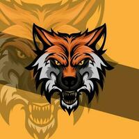Head of a angry wolf mascot sport logo design. Wolf animal mascot head vector illustration logo. Wolf head emblem design for eSports team. Character for sport and gaming logo concept.