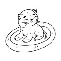 Kitten on the mat in hand drawn doodle style. Vector illustration isolated on white. Coloring page.