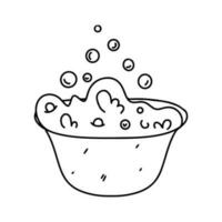 Basin with foam for washing up in hand drawn doodle style. Vector illustration isolated on white. Coloring page.