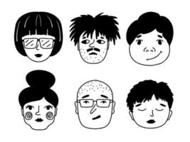 Funny faces set in hand drawn doodle style. Vector illustration isolated on white. Coloring page.