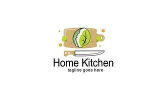 Home kitchen logo with pot full of healthy vegetables and vitamins logo vector