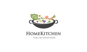 Home kitchen logo with pot full of healthy vegetables and vitamins logo vector