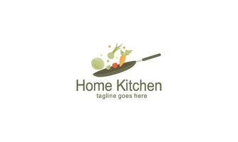 Home kitchen logo with pot full of healthy vegetables and vitamins logo vector