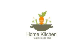 Home kitchen logo with pot full of healthy vegetables and vitamins logo vector