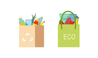 Set of grocery brown bags with eco organic food concept design vector