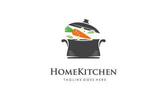 Home kitchen logo with pot full of healthy vegetables and vitamins logo vector