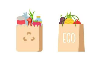 Set of grocery brown bags with eco organic food concept design vector