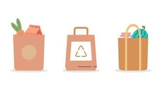 Set of grocery brown bags with eco organic food concept design vector