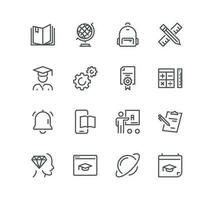 Set of School and university related icons, study, learning, knowledge, chemistry, globe, classroom, biology, history, math, geometry and linear variety vectors. vector