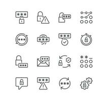 Set of password related icons, security alert, key, authorization, password combination, finger print and linear variety vectors. vector