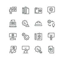 Set of engineering related icons, tech presentation, communication, machinery, idea, repair and linear variety vectors. vector