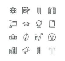 Set of School and university related icons, study, learning, knowledge, chemistry, globe, classroom, biology, history, math, geometry and linear variety vectors. vector