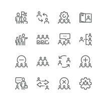 Set of team work related icons, team setup, structure, performance, friendship, participation and linear variety vectors. vector