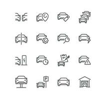 Set of car related icons, garage, inspection, dealership, stats comparing, tech reivew and linear variety vectors. vector