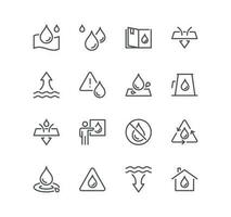 Set of waterproof related icons, climate, splashproof, drop warning, allowed to wash under water, moisture resistant textile and linear variety vectors. vector