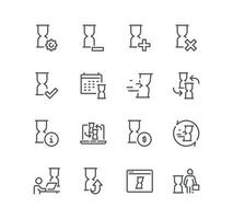 Set of sand watch related icons, waiting, costs, time period, measurement, countdown and linear variety vectors. vector