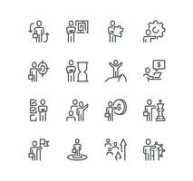 Set of business people related icons, team management, problem solution, leadership, teamwork, partnership, business organization and linear variety vectors. vector