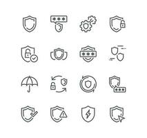 Set of defense related icons, warranty, computer security, shield, umbrella, protection and linear variety vectors. vector