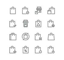 Set of shopping bag related icons, discount, checkout, groceries, present, food delivery and linear variety vectors. vector