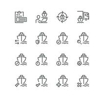 Set of ship management related icons, renting price, commercial fleet, ship route, container stacking and linear variety vectors. vector