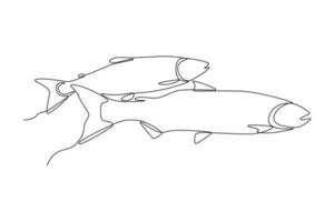 Single one line drawing Fish and wild marine animals concept. Continuous line draw design graphic vector illustration.