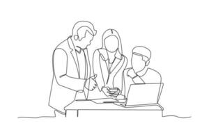 Single one line drawing working together, discussing business. Meeting of colleagues. Coworking, teamwork concept. Continuous line draw design graphic vector illustration.