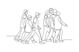 Continuous one line drawing concept of a crowd of happy people outdoors. Single line draw design vector graphic illustration.