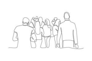 Continuous one line drawing concept of a crowd of happy people outdoors. Single line draw design vector graphic illustration.