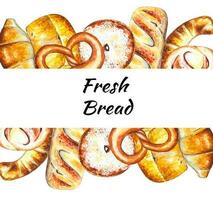 Watercolor border of different types of bread and pastry vector