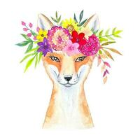 Fox with bright flowers on its head, watercolor vector