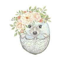 Hedhog with  flowers and leaves, watercolor vector