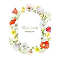 Floral wreath of meadow flowers and herbs, watercolor vector