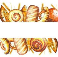 Watercolor border of different types of bread and pastry vector