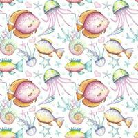 Watercolor ocean seamless pattern with colorful jellyfish, fish vector