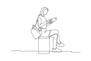 Single one line drawing happy student reading and preparing for examination. Education and leisure concept. Continuous line draw design graphic vector illustration.